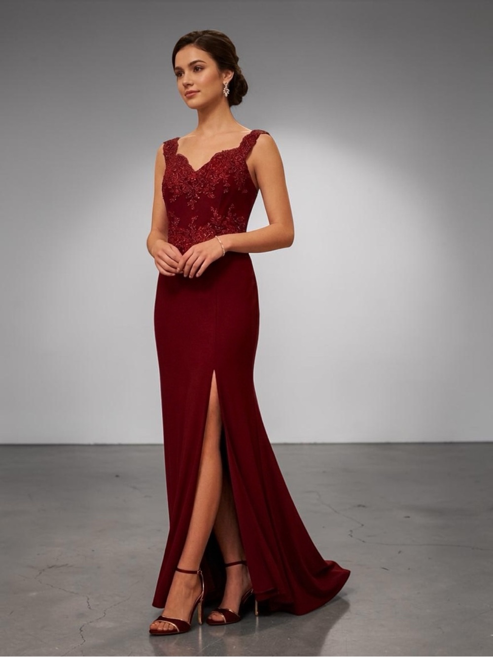 Cinderella Divine Burgundy Lace Off Shoulder Prom Dress Gown L Slit Formal